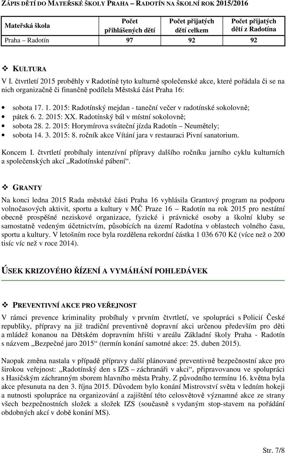 : sobota 17. 1. 2015: Radotínský mejdan - taneční večer v radotínské sokolovně; pátek 6. 2. 2015: XX. Radotínský bál v místní sokolovně; sobota 28. 2. 2015: Horymírova sváteční jízda Radotín Neumětely; sobota 14.