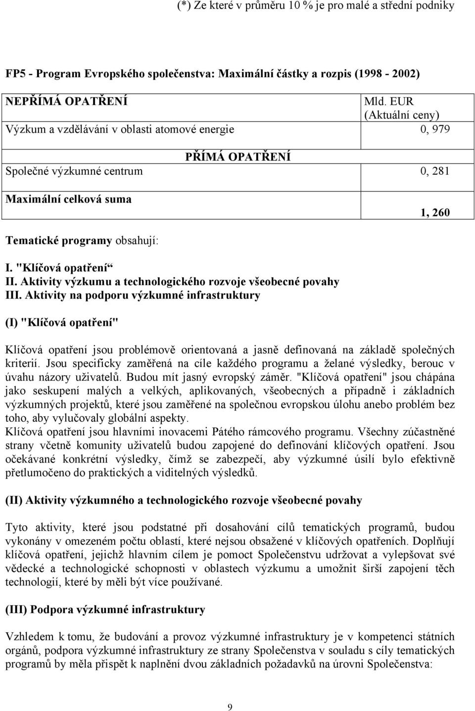 "Klíčová opatření II. Aktivity výzkumu a technologického rozvoje všeobecné povahy III.