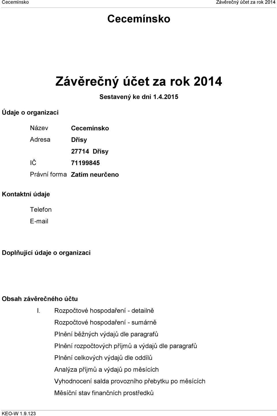 2015 Název Adresa IČ Právní forma Cecemínsko Dřísy 27714 Dřísy 71199845 Zatím neurčeno Kontaktní údaje Telefon E-mail Doplňující údaje o