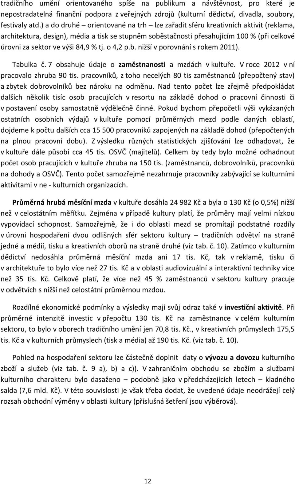 84,9 % tj. o 4,2 p.b. nižší v porovnání s rokem 2011). Tabulka č. 7 obsahuje údaje o zaměstnanosti a mzdách v kultuře. V roce 2012 v ní pracovalo zhruba 90 tis.