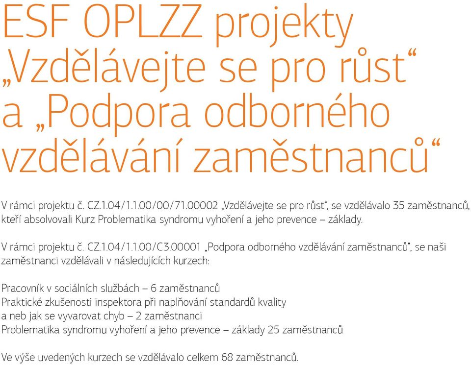 00001 Podpora odborného vzdělávání zaměstnanců, se naši zaměstnanci vzdělávali v následujících kurzech: Pracovník v sociálních službách 6 zaměstnanců Praktické zkušenosti