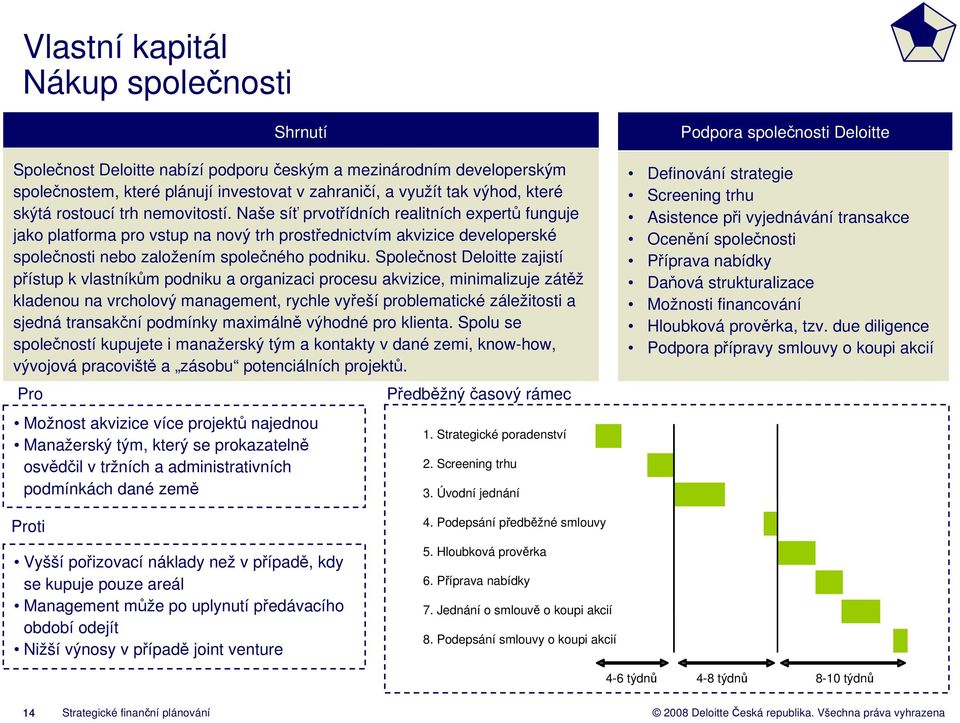 Společnost Deloitte zajistí přístup k vlastníkům podniku a organizaci procesu akvizice, minimalizuje zátěž kladenou na vrcholový management, rychle vyřeší problematické záležitosti a sjedná