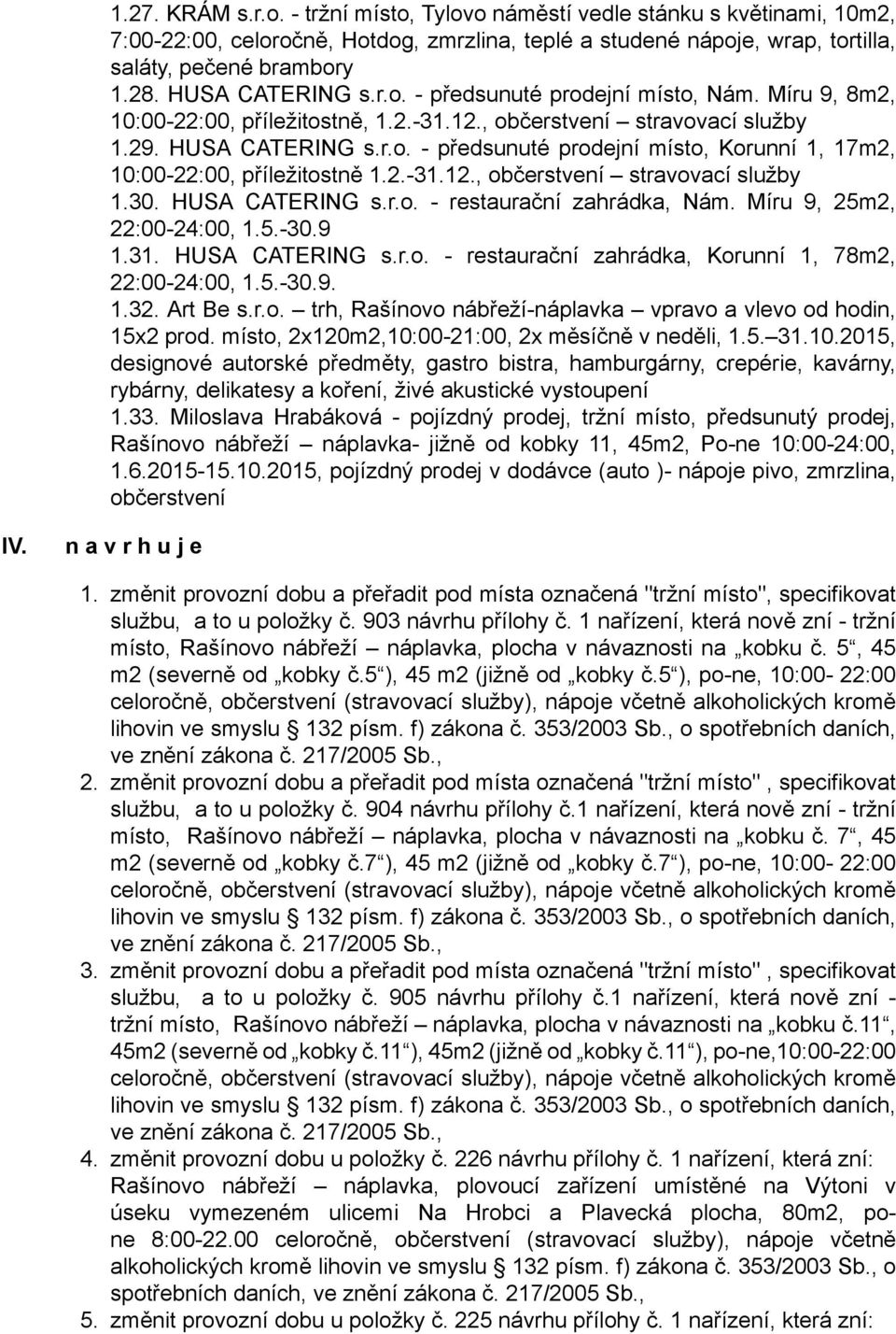 2.-31.12., občerstvení stravovací služby 1.30. HUSA CATERING s.r.o. - restaurační zahrádka, Nám. Míru 9, 25m2, 22:00-24:00, 1.5.-30.9 1.31. HUSA CATERING s.r.o. - restaurační zahrádka, Korunní 1, 78m2, 22:00-24:00, 1.