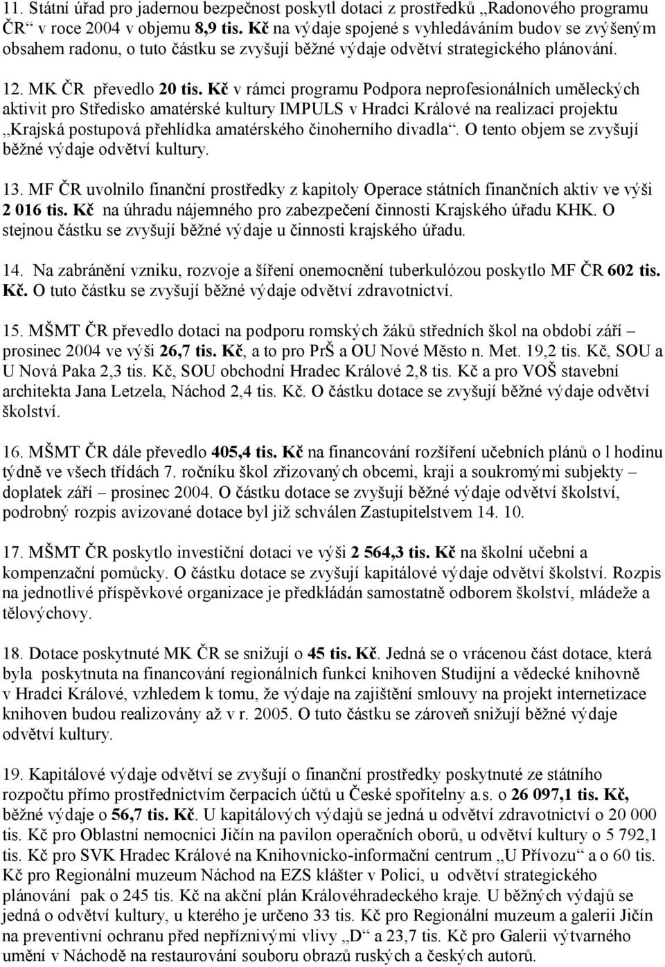 Kč v rámci programu Podpora neprofesionálních uměleckých aktivit pro Středisko amatérské kultury IMPULS v Hradci Králové na realizaci projektu Krajská postupová přehlídka amatérského činoherního