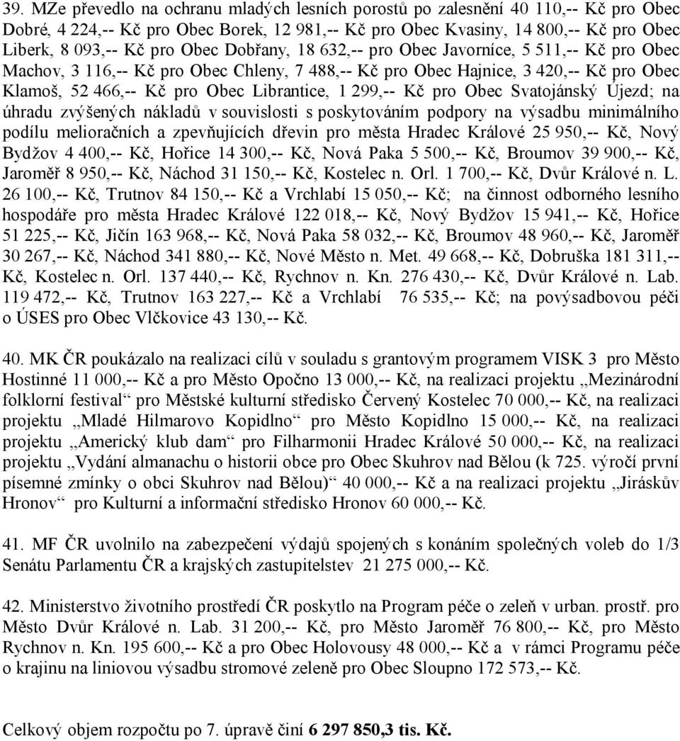 299,-- Kč pro Obec Svatojánský Újezd; na úhradu zvýšených nákladů v souvislosti s poskytováním podpory na výsadbu minimálního podílu melioračních a zpevňujících dřevin pro města Hradec Králové 25
