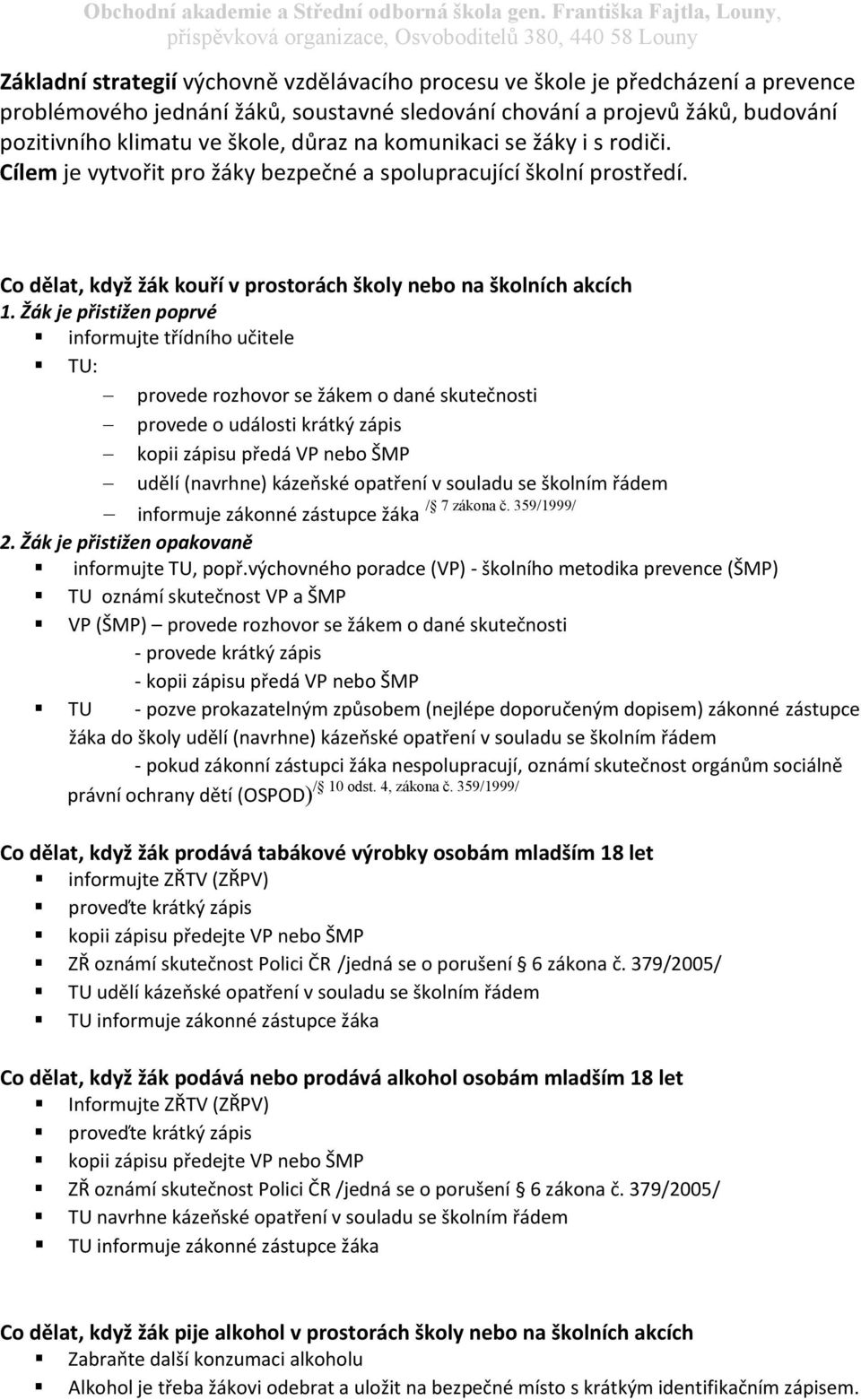 Žák je přistižen poprvé informujte třídního učitele TU: provede rozhovor se žákem o dané skutečnosti provede o události krátký zápis kopii zápisu předá VP nebo ŠMP udělí (navrhne) kázeňské opatření v