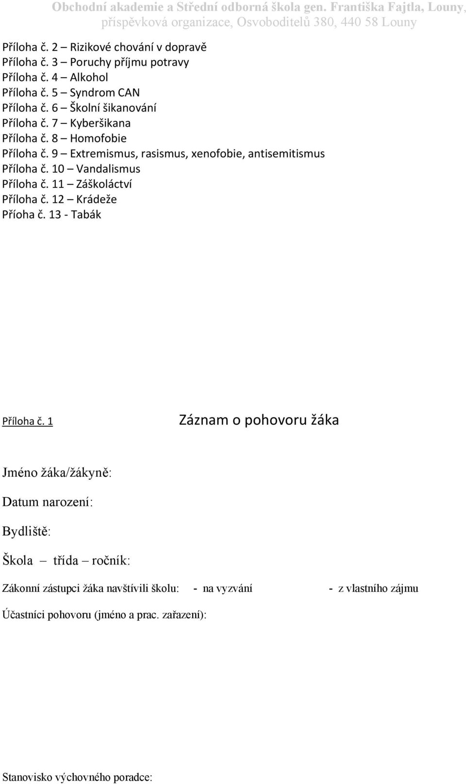 10 Vandalismus Příloha č. 11 Záškoláctví Příloha č. 12 Krádeže Příoha č. 13 Tabák Příloha č.