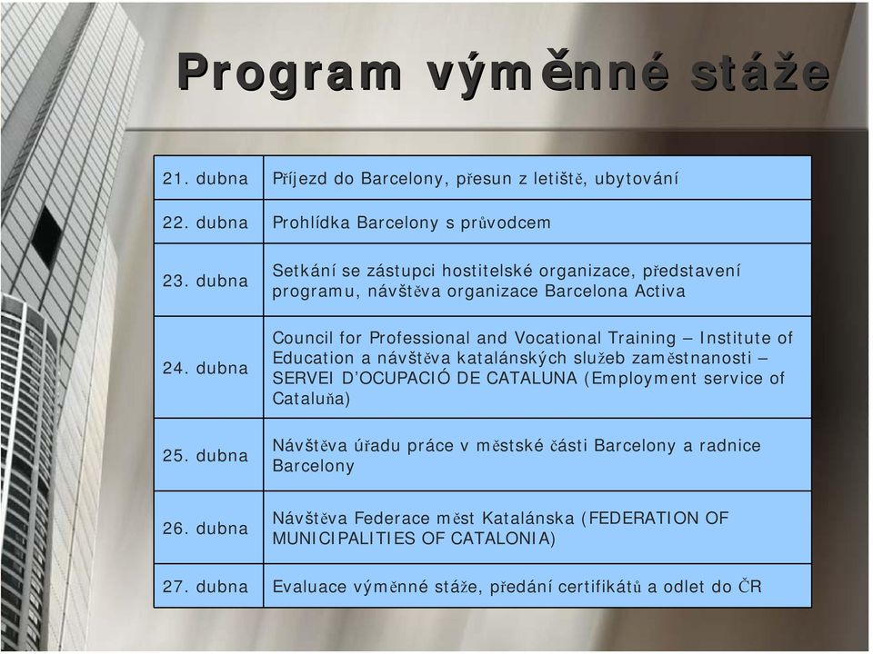 Institute of Education a návštěva katalánských služeb zaměstnanosti SERVEI D OCUPACIÓ DE CATALUNA (Employment service of Cataluňa) Návštěva úřadu práce v městské