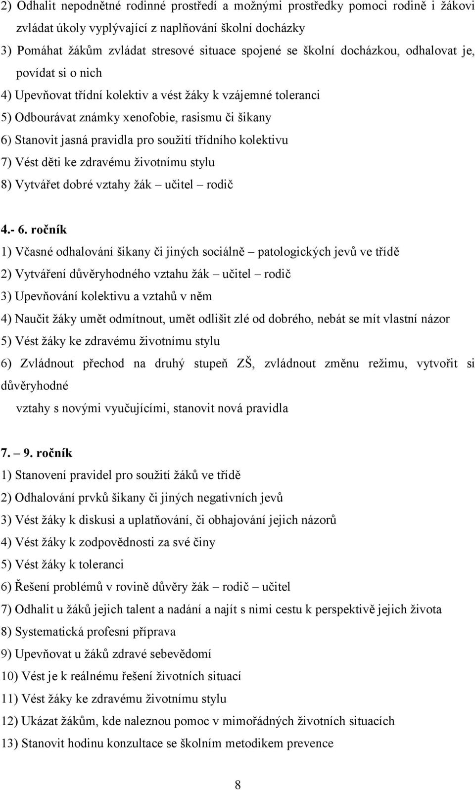 třídního kolektivu 7) Vést děti ke zdravému životnímu stylu 8) Vytvářet dobré vztahy žák učitel rodič 4.- 6.