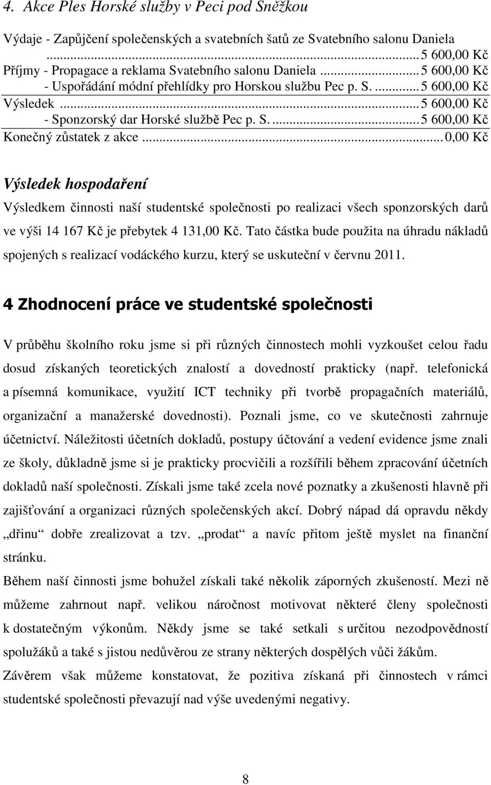 ..0,00 Kč Výsledek hospodaření Výsledkem činnosti naší studentské společnosti po realizaci všech sponzorských darů ve výši 14 167 Kč je přebytek 4 131,00 Kč.