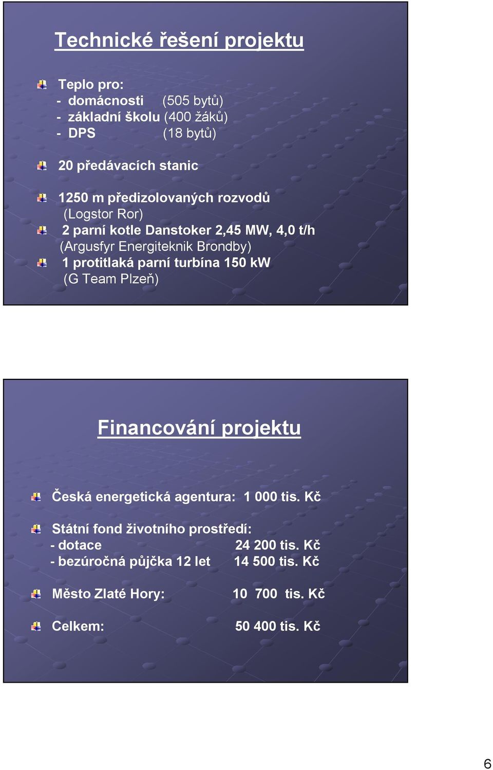 protitlaká parní turbína 150 kw (G Team Plzeň) Financování projektu Česká energetická agentura: 1 000 tis.