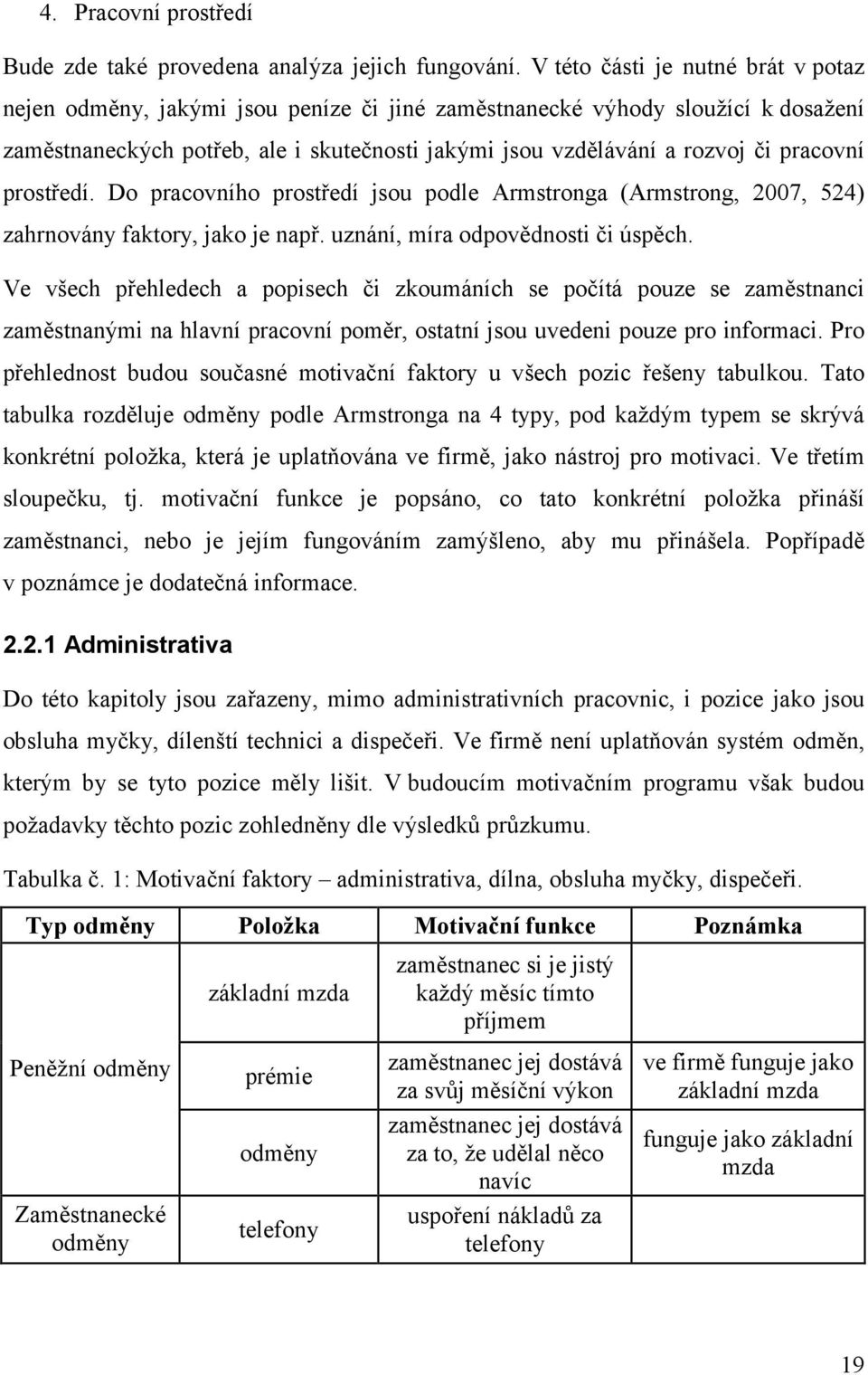 pracovní prostředí. Do pracovního prostředí jsou podle Armstronga (Armstrong, 2007, 524) zahrnovány faktory, jako je např. uznání, míra odpovědnosti či úspěch.