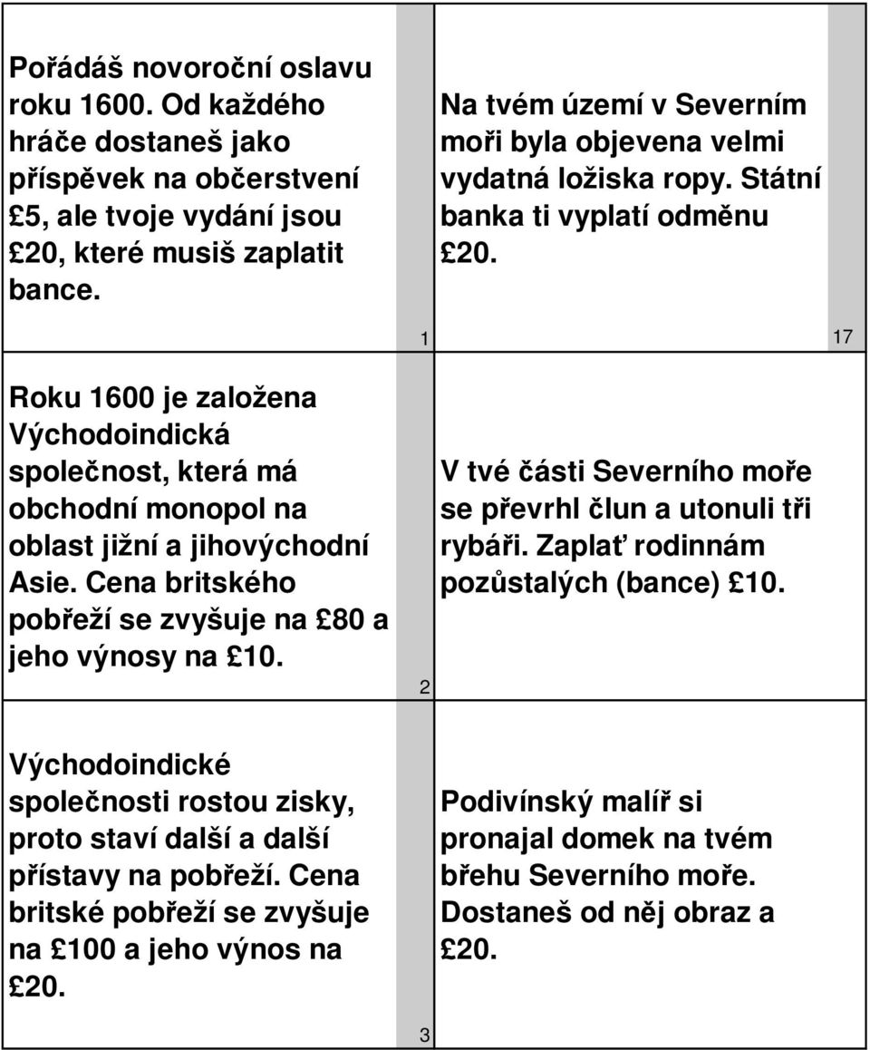 1 17 Roku 1600 je založena Východoindická společnost, která má obchodní monopol na oblast jižní a jihovýchodní Asie. Cena britského pobřeží se zvyšuje na 80 a jeho výnosy na 10.