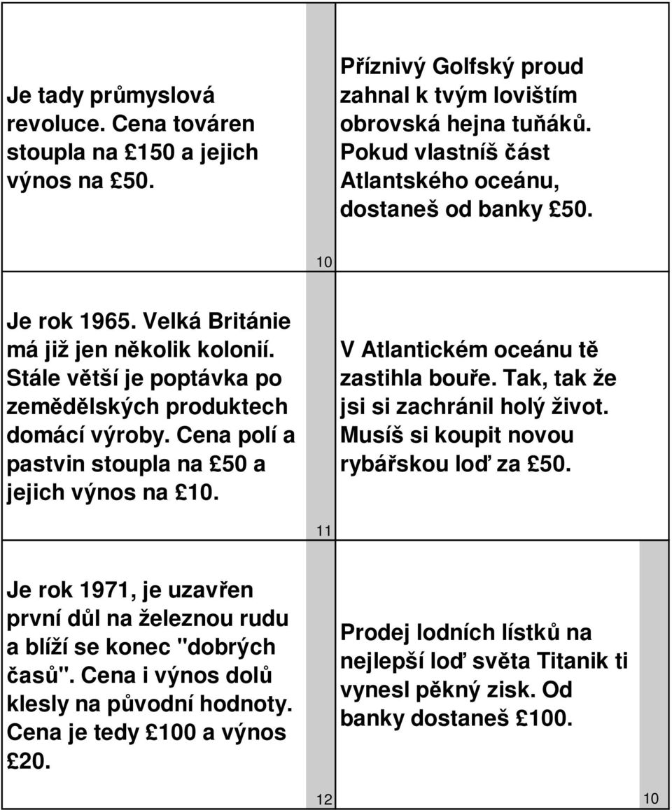 Cena polí a pastvin stoupla na 50 a jejich výnos na 10. V Atlantickém oceánu tě zastihla bouře. Tak, tak že jsi si zachránil holý život. Musíš si koupit novou rybářskou loď za 50.