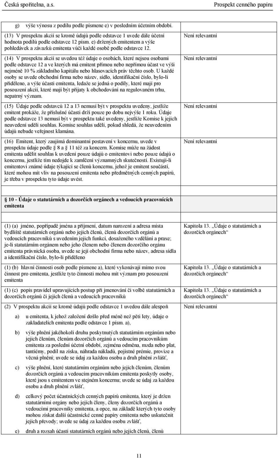 (14) V prospektu akcií se uvedou též údaje o osobách, které nejsou osobami podle odstavce 12 a ve kterých má emitent přímou nebo nepřímou účast ve výši nejméně 10 % základního kapitálu nebo