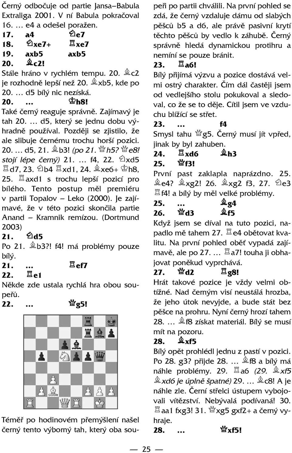 Později se zjistilo, že ale slibuje černému trochu horší pozici. 20. d5, 21. bb3! (po 21. qh5? qe8! stojí lépe černý) 21. f4, 22. hxd5 rd7, 23. hb4 rxd1, 24. bxe6+ kh8, 25.