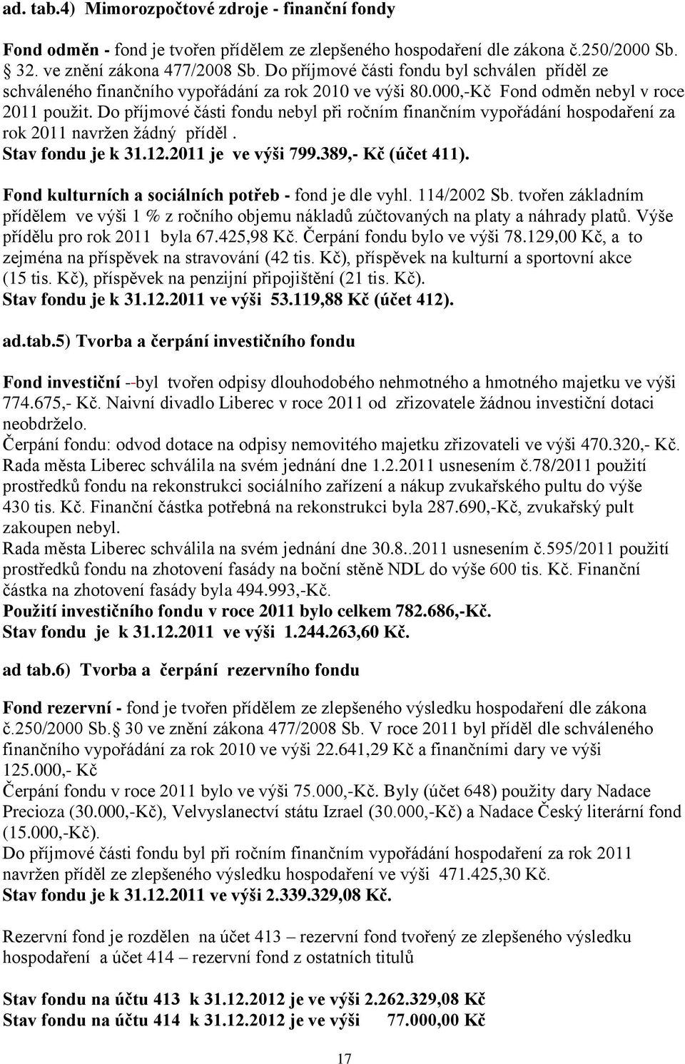 Do příjmové části fondu nebyl při ročním finančním vypořádání hospodaření za rok 2011 navržen žádný příděl. Stav fondu je k 31.12.2011 je ve výši 799.389,- Kč (účet 411).