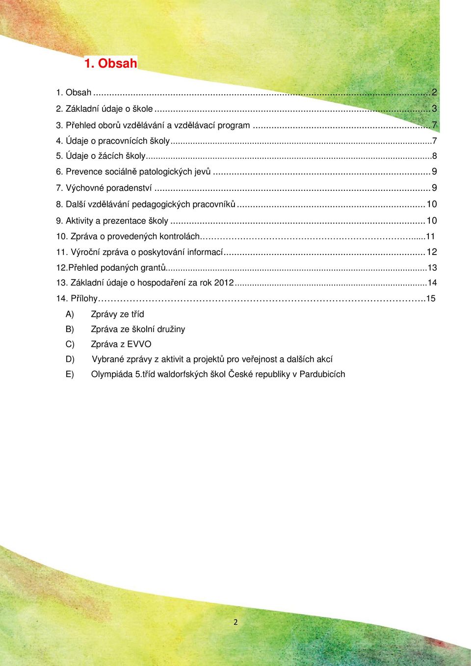 Zpráva o provedených kontrolách....11 11. Výroční zpráva o poskytování informací... 12 12.Přehled podaných grantů... 13 13. Základní údaje o hospodaření za rok 2012... 14 14.