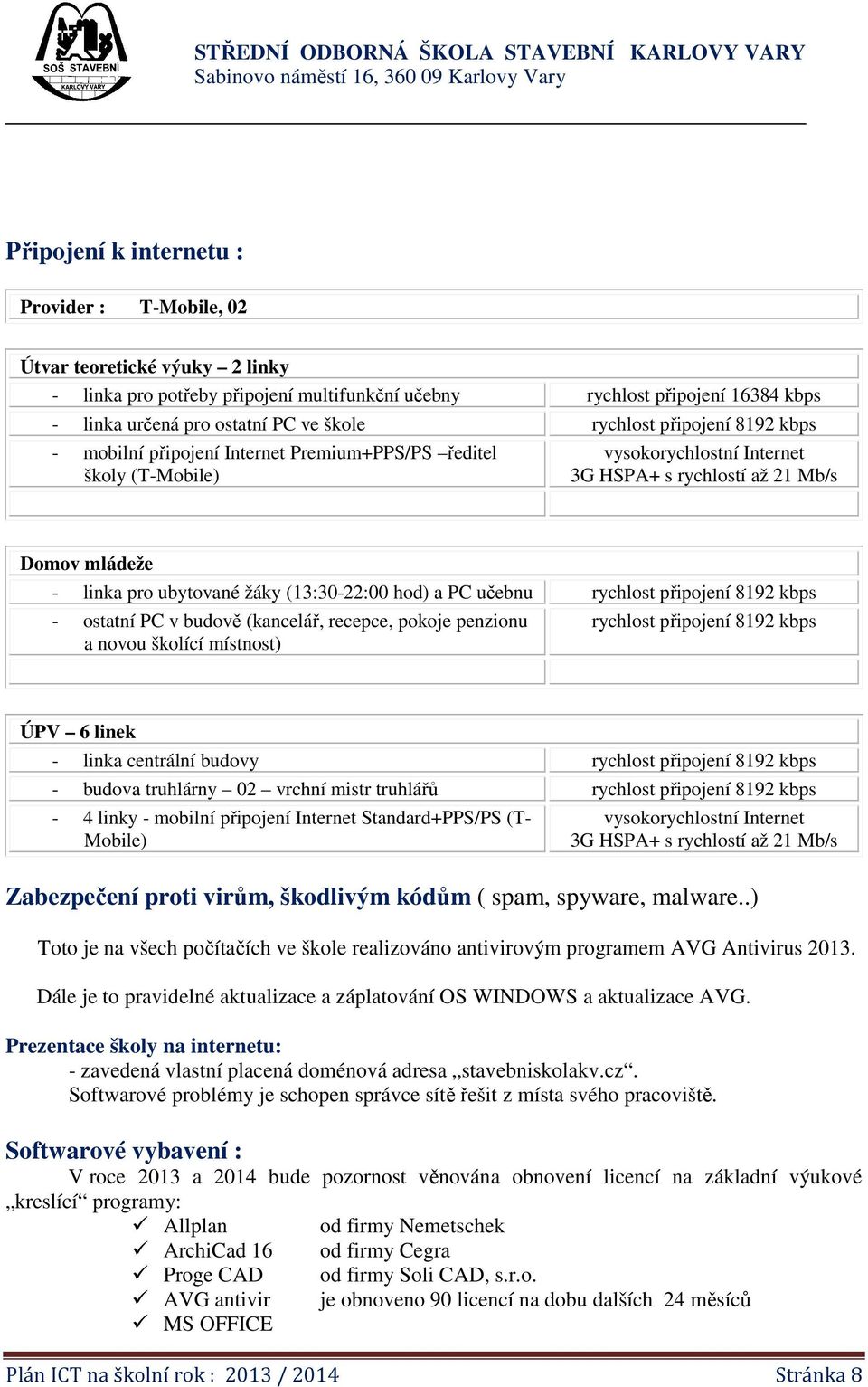 (13:30-22:00 hod) a PC učebnu rychlost připojení 8192 kbps - ostatní PC v budově (kancelář, recepce, pokoje penzionu a novou školící místnost) rychlost připojení 8192 kbps ÚPV 6 linek - linka