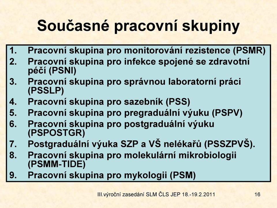 Pracovní skupina pro sazebník (PSS) 5. Pracovní skupina pro pregraduální výuku (PSPV) 6.