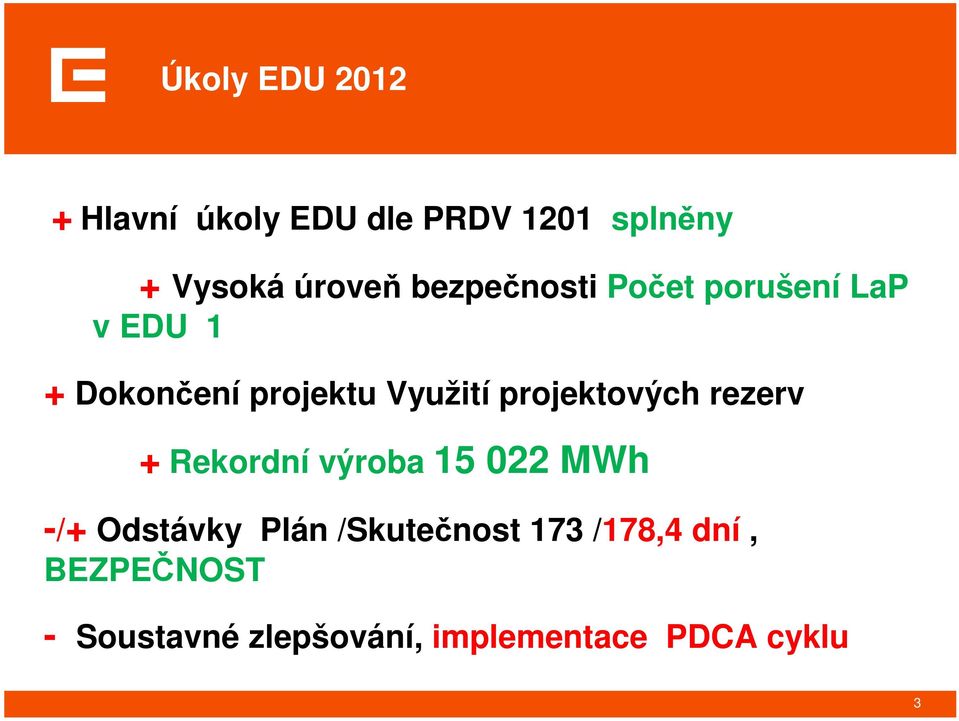 projektových rezerv + Rekordní výroba 15 022 MWh -/+ Odstávky Plán