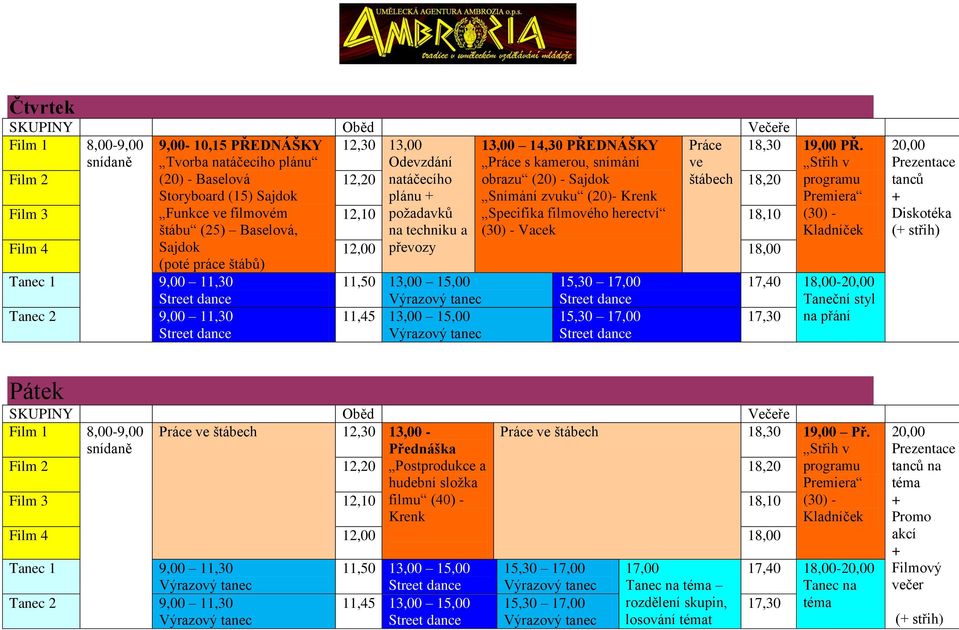 převozy obrazu (20) - Sajdok Snímání zvuku (20)- Krenk Specifika filmového herectví (30) - Vacek štábech 18,20 18,10 18,00 programu Premiera (30) - Kladníček Tanec 1 9,00 11,30 11,50 13,00 15,00