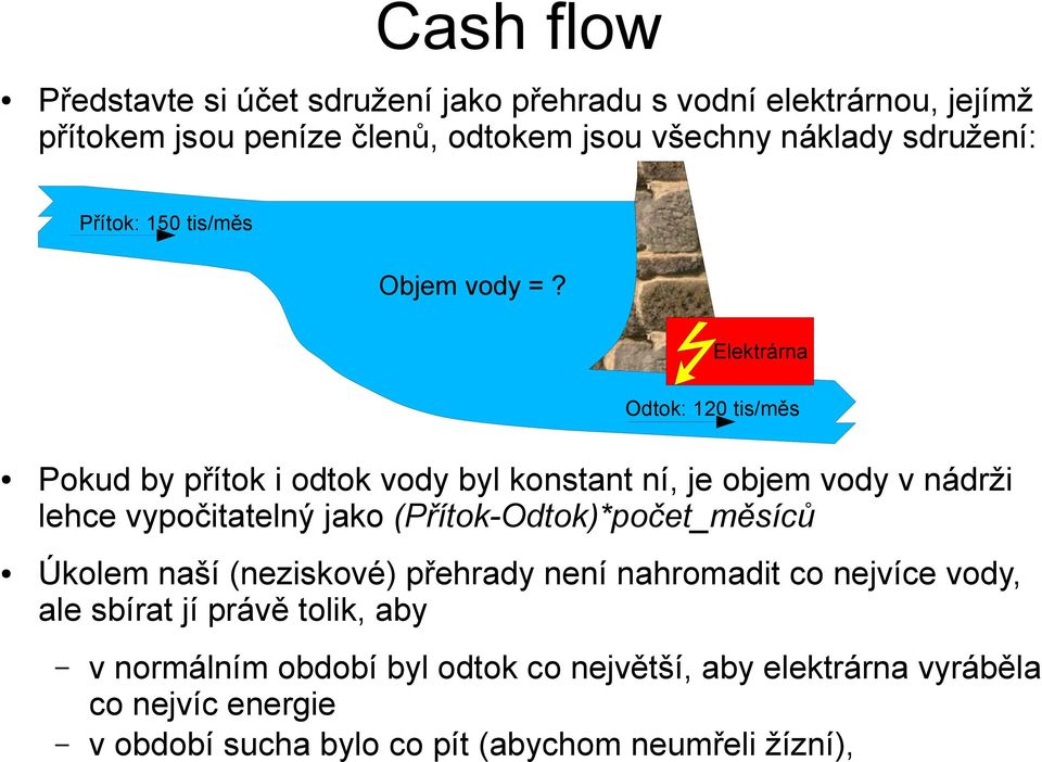 Elektrárna Odtok: 120 tis/měs Pokud by přítok i odtok vody byl konstant ní, je objem vody v nádrži lehce vypočitatelný jako