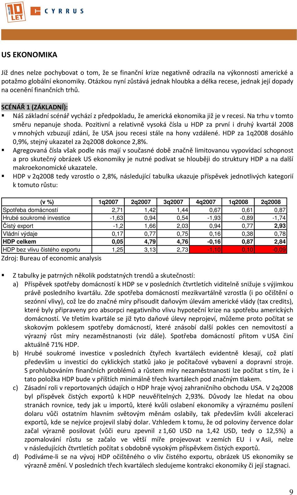 SCÉNÁŘ 1 (ZÁKLADNÍ): Náš základní scénář vychází z předpokladu, že americká ekonomika již je v recesi. Na trhu v tomto směru nepanuje shoda.