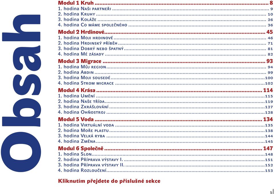 hodina Strom migrace...102 Modul 4 Krása... 114 1. hodina Umění...115 2. hodina Naše třída...119 3. hodina Zkrášlování...127 4. hodina Ohňostroj...128 Modul 5 Voda... 134 1. hodina Virtuální voda.