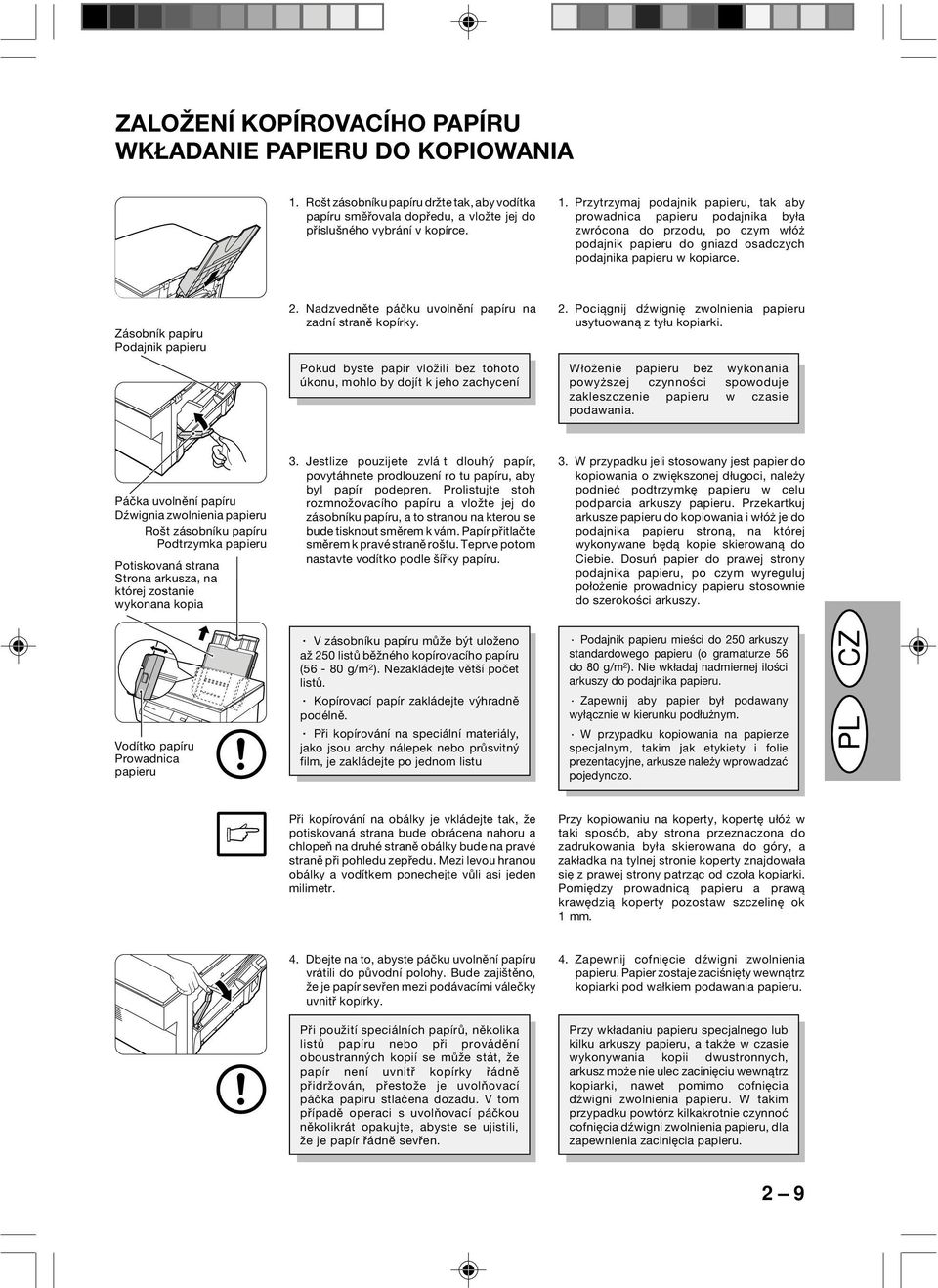 Przytrzymaj podajnik papieru, tak aby prowadnica papieru podajnika była zwrócona do przodu, po czym włóż podajnik papieru do gniazd osadczych podajnika papieru w kopiarce.