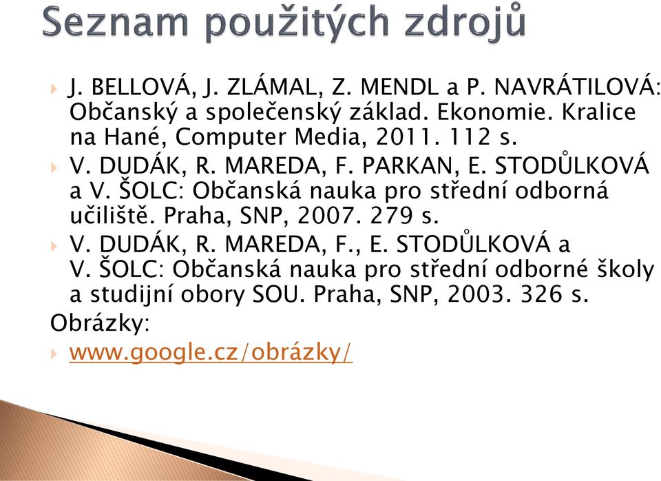 ŠOLC: Občanská nauka pro střední odborná učiliště. Praha, SNP, 2007. 279 s. V. DUDÁK, R. MAREDA, F., E.