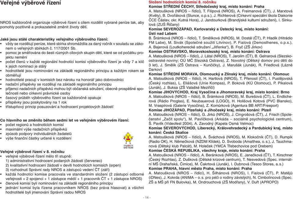 pomoc je smûfiována do esti rûzn ch cílov ch skupin dûtí, které se od poãátku projektu nemûní poãet ãlenû v kaïdé regionální hodnotící komisi v bûrového fiízení je vïdy 7 a klíã k jejich nominaci je