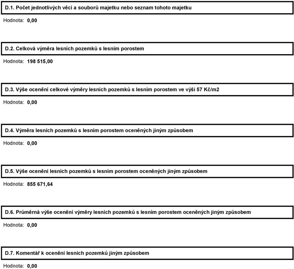 Výše ocenění celkové výměry lesních pozemků s lesním porostem ve výši 57 Kč/m2 Hodnota: D.4.