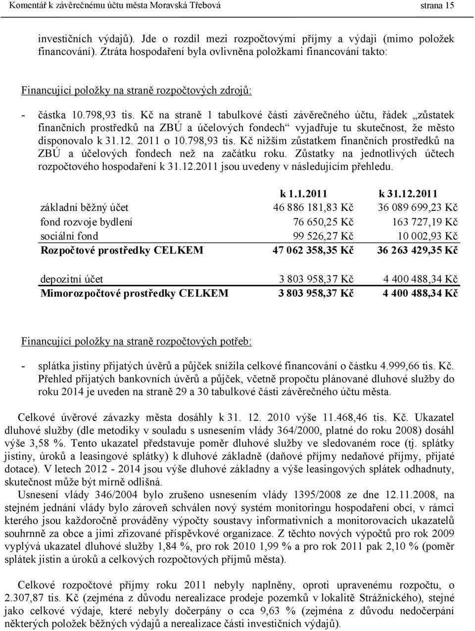 Kč na straně 1 tabulkové části závěrečného účtu, řádek zůstatek finančních prostředků na ZBÚ a účelových fondech vyjadřuje tu skutečnost, že město disponovalo k 31.12. 2011 o 10.798,93 tis.