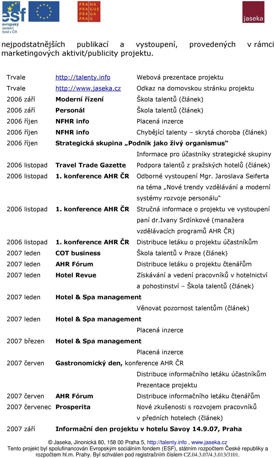 talenty skrytá choroba (článek) 2006 říjen Strategická skupina Podnik jako živý organismus Informace pro účastníky strategické skupiny 2006 listopad Travel Trade Gazette Podpora talentů z pražských