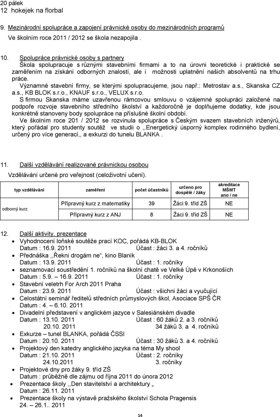 absolventů na trhu práce. Významné stavební firmy, se kterými spolupracujeme, jsou např.: Metrostav a.s., Skanska CZ a.s., KB BLOK s.r.o., KNAUF s.r.o., VELUX s.r.o. S firmou Skanska máme uzavřenou