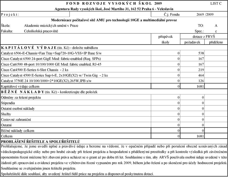 Kč) - doložte nabídkou příspěvek dotace z FRVŠ LIST C školy požadavek přiděleno Catalyst 6506-E-Chassis+Fan Tray+Sup720-10G-VSS+IP Base S/w 0 538 Cisco Catalyst 6500 24-port GigE Mod: fabric-enabled