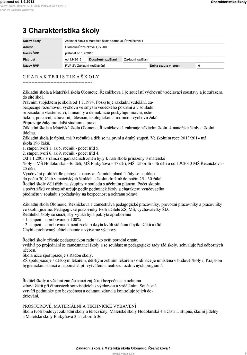 2013 Dosažené vzdělání Základní vzdělání Název RVP Délka studia v letech: 9 C H A R A K T E R I S T I K A Š K O LY ----------------------------------------------- je součástí výchovně vzdělávací