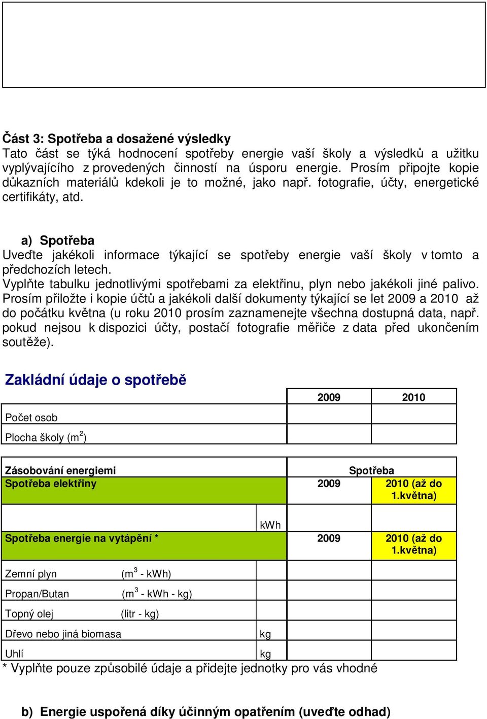 a) Spotřeba Uveďte jakékoli informace týkající se spotřeby energie vaší školy v tomto a předchozích letech. Vyplňte tabulku jednotlivými spotřebami za elektřinu, plyn nebo jakékoli jiné palivo.