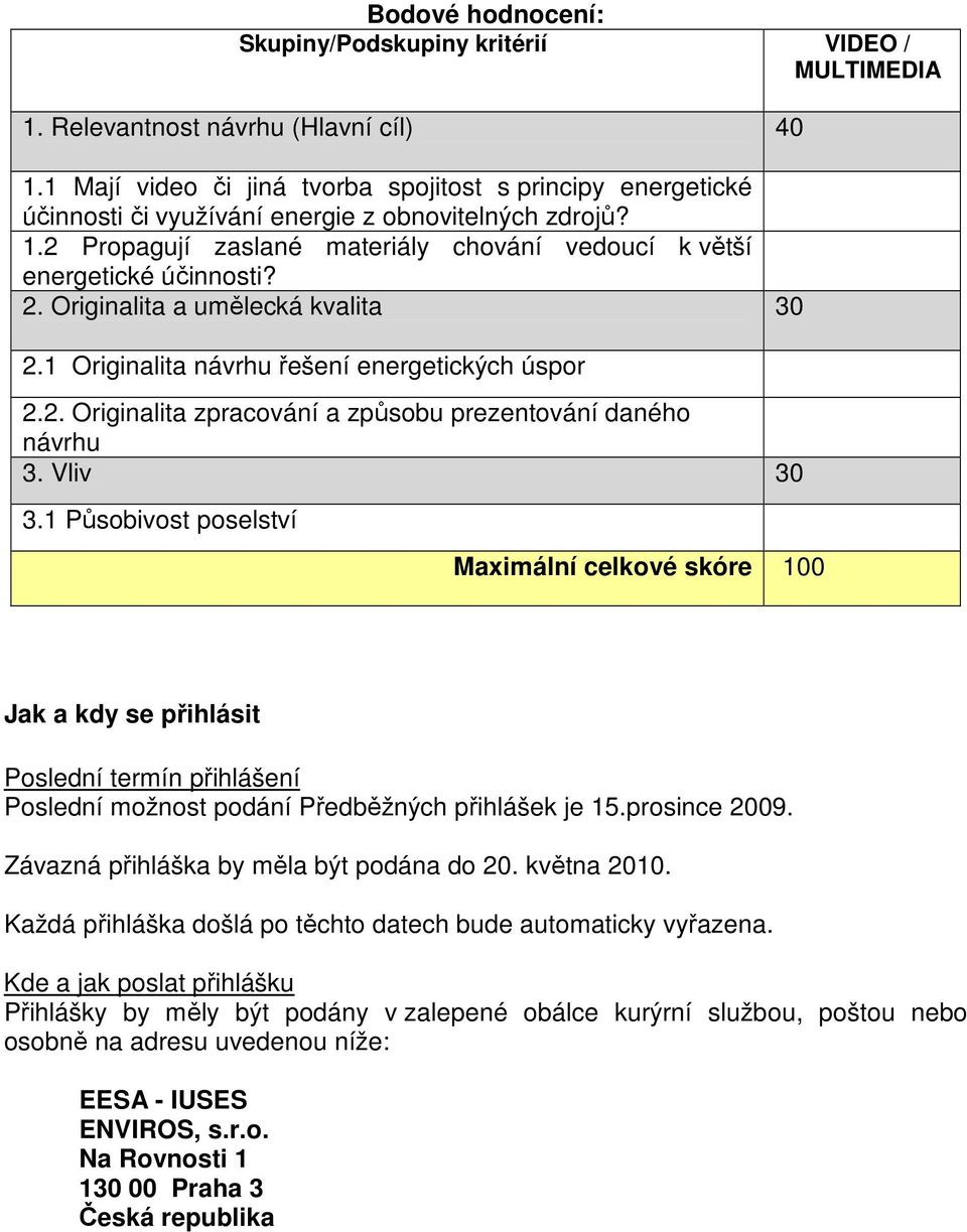 Originalita a umělecká kvalita 30 2.1 Originalita návrhu řešení energetických úspor 2.2. Originalita zpracování a způsobu prezentování daného návrhu 3. Vliv 30 3.