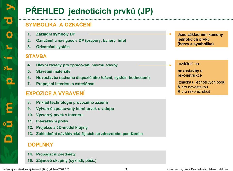 Propojení interiéru s exteriérem EXPOZICE A VYBAVENÍ Jsou základními kameny jednotících prvků (barvy a symbolika) rozdělení na novostavby a rekonstrukce (značka u jednotlivých bodů N pro novostavbu R