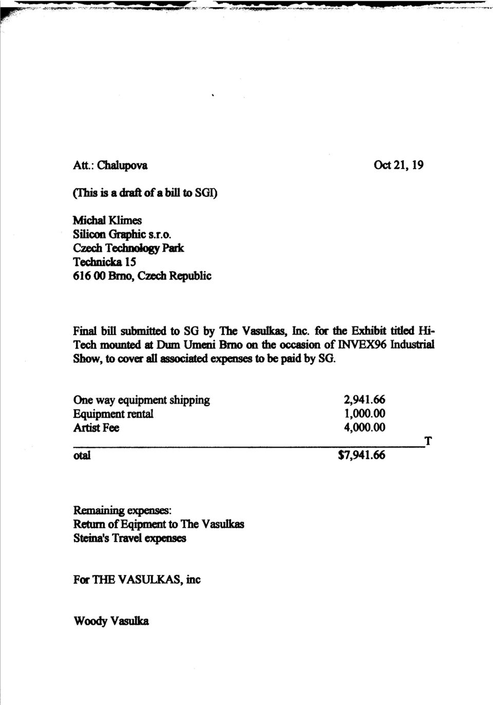 for the Exhibit titled Hi- Tech mounted at Duet Umeni Brno on the occasion of INVEX96 Industrial Show, to cover all associated expenses to be paid by SG.