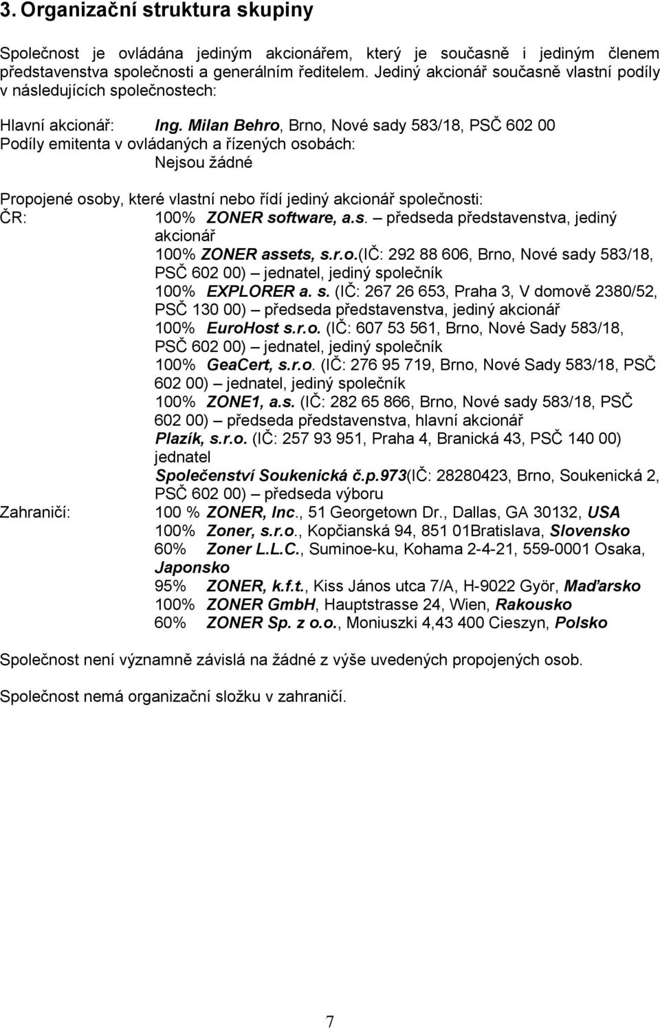 Milan Behro, Brno, Nové sady 583/18, PSČ 602 00 Podíly emitenta v ovládaných a řízených osobách: Nejsou žádné Propojené osoby, které vlastní nebo řídí jediný akcionář společnosti: ČR: 100% ZONER
