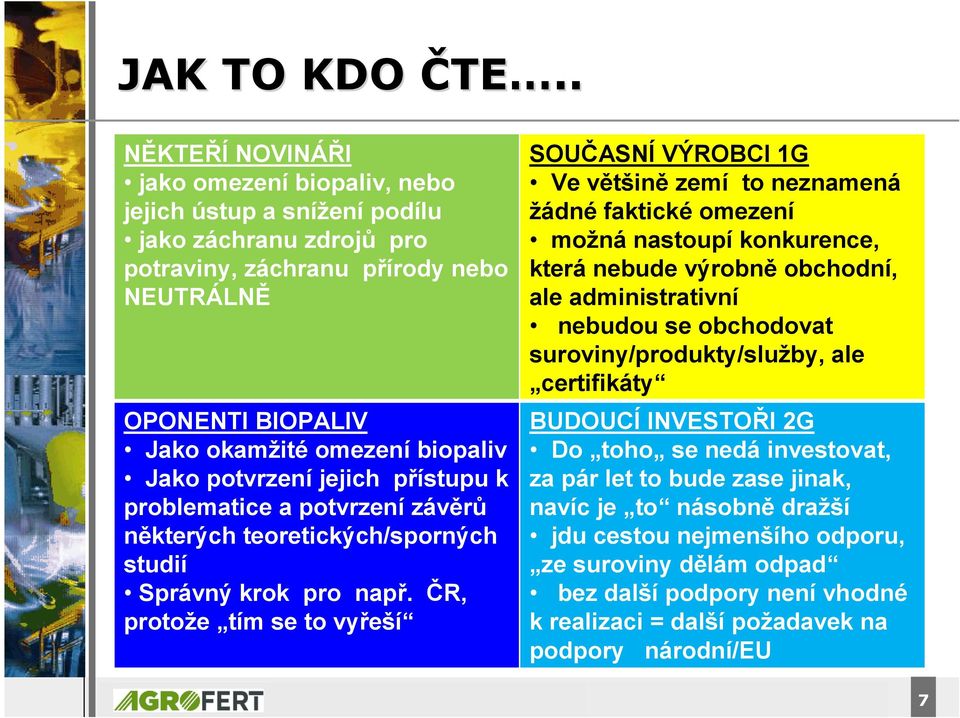 faktické omezení možná nastoupí konkurence, která nebude výrobně obchodní, ale administrativní nebudou se obchodovat suroviny/produkty/služby, ale certifikáty OPONENTI BIOPALIV Jako okamžité omezení