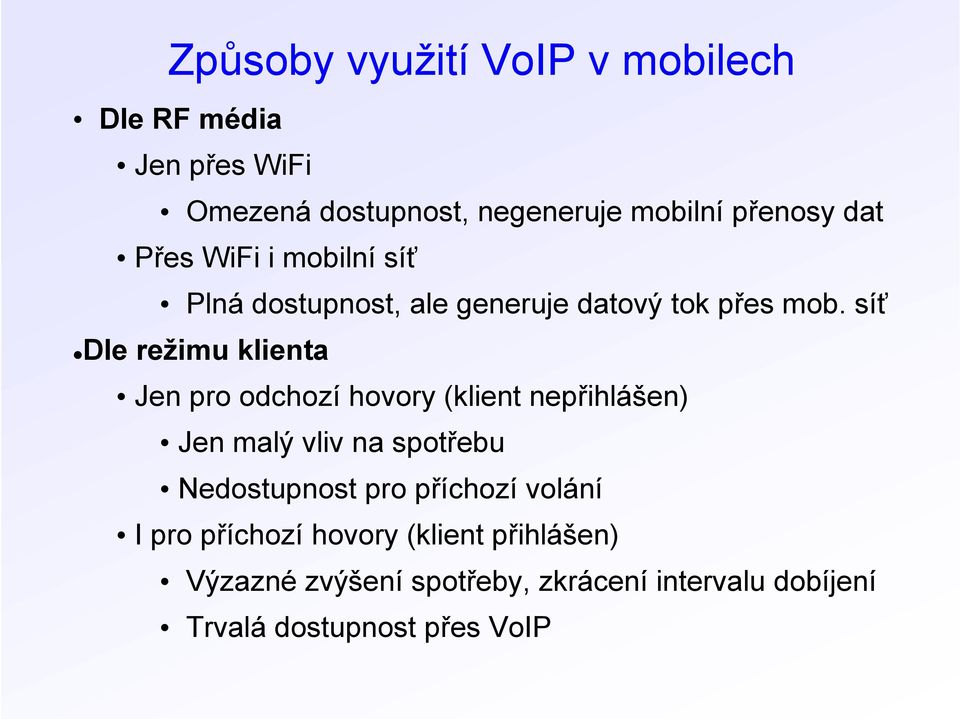 síť Dle režimu klienta Jen pro odchozí hovory (klient nepřihlášen) Jen malý vliv na spotřebu Nedostupnost