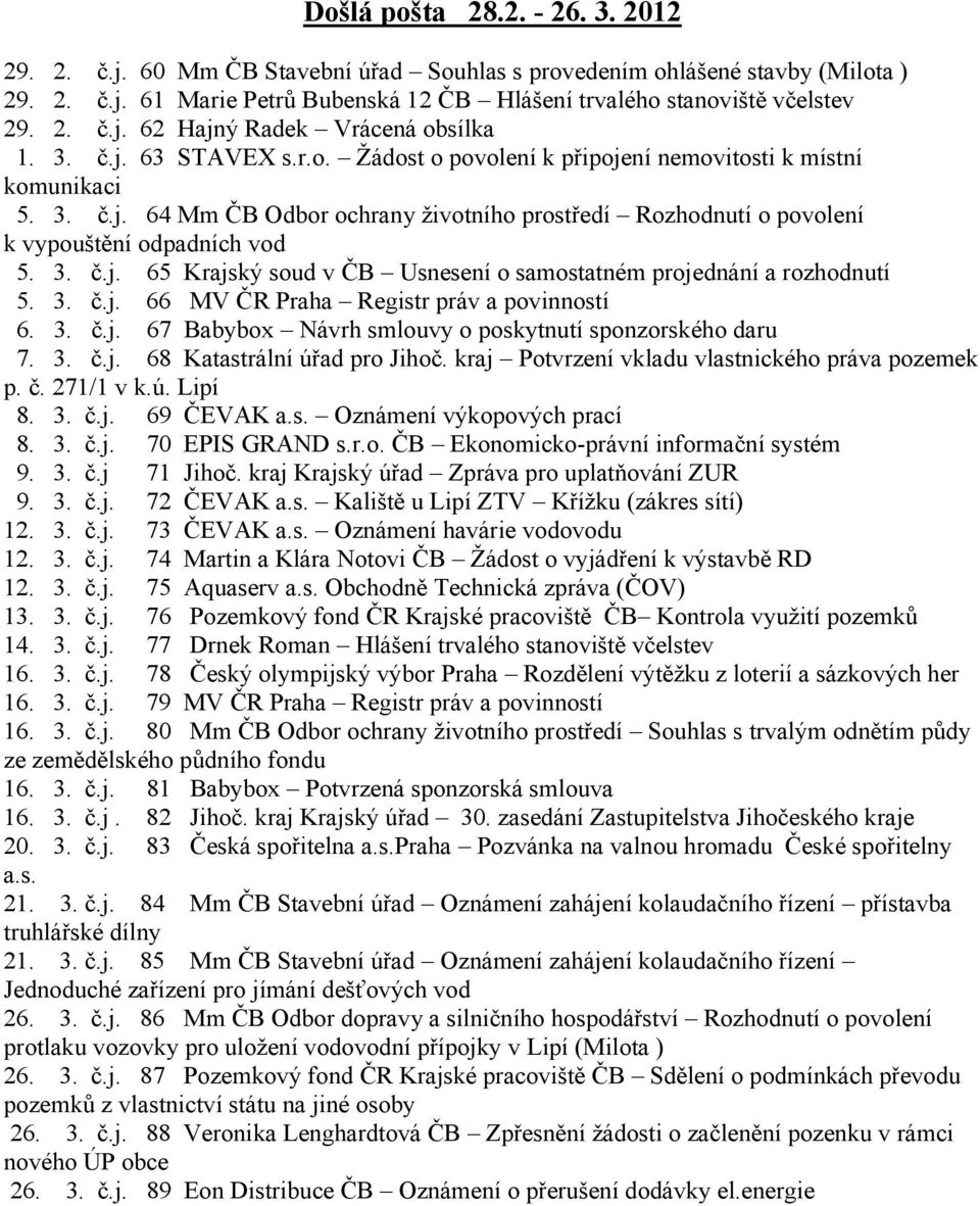 3. č.j. 66 MV ČR Praha Registr práv a povinností 6. 3. č.j. 67 Babybox Návrh smlouvy o poskytnutí sponzorského daru 7. 3. č.j. 68 Katastrální úřad pro Jihoč.