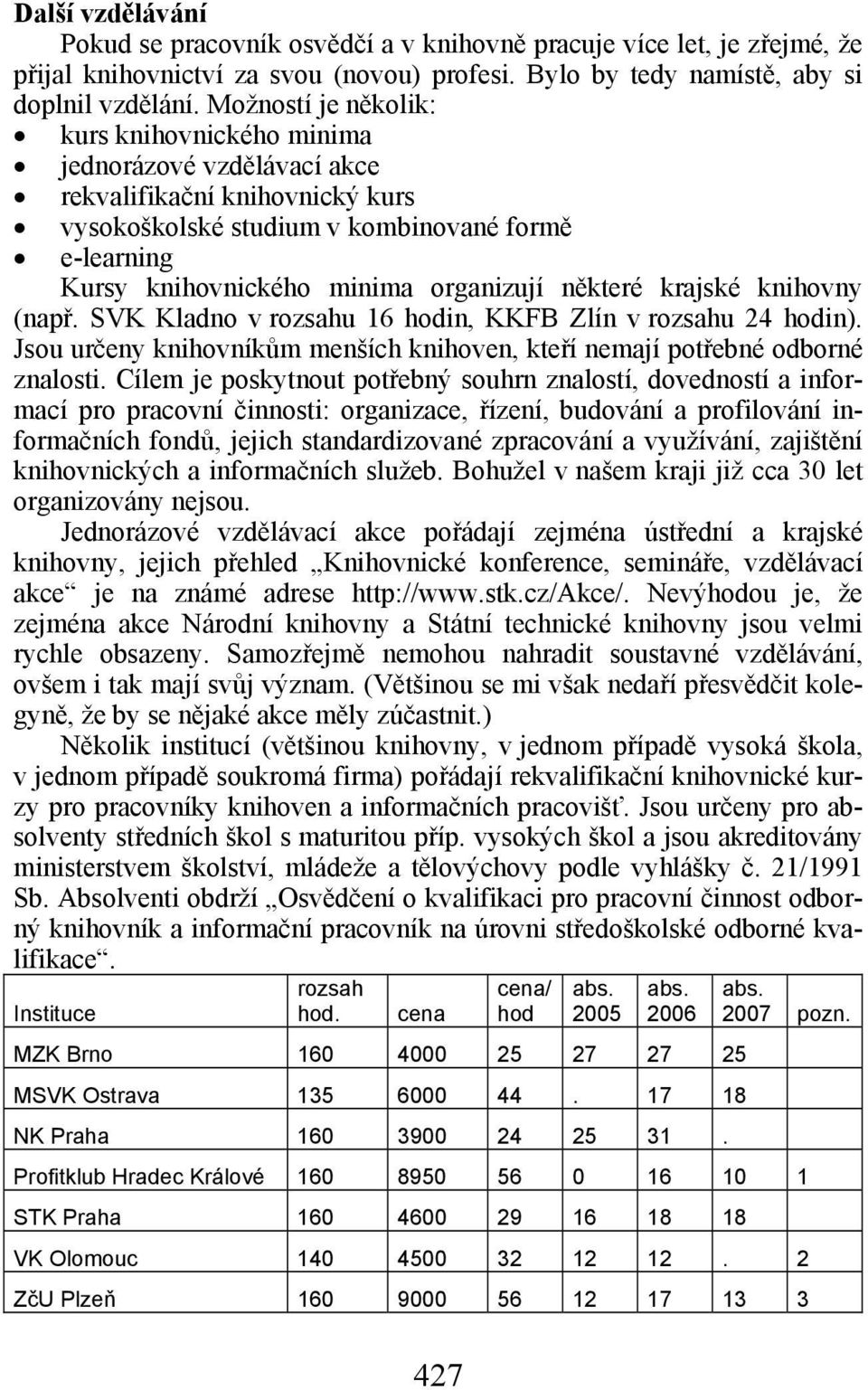 některé krajské knihovny (např. SVK Kladno v rozsahu 16 hodin, KKFB Zlín v rozsahu 24 hodin). Jsou určeny knihovníkům menších knihoven, kteří nemají potřebné odborné znalosti.