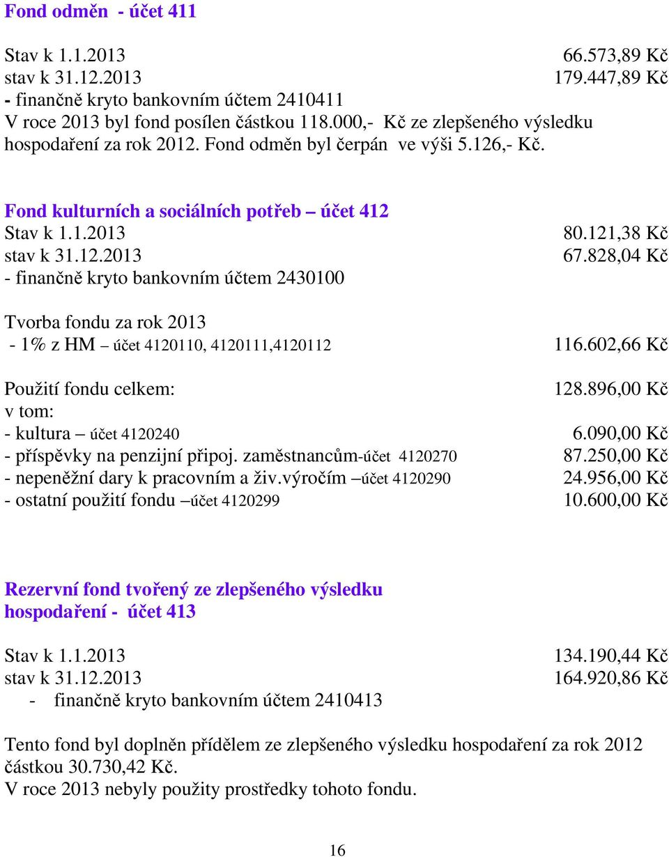 121,38 Kč 67.828,04 Kč Tvorba fondu za rok 2013-1% z HM účet 4120110, 4120111,4120112 116.602,66 Kč Použití fondu celkem: 128.896,00 Kč v tom: - kultura účet 4120240 6.