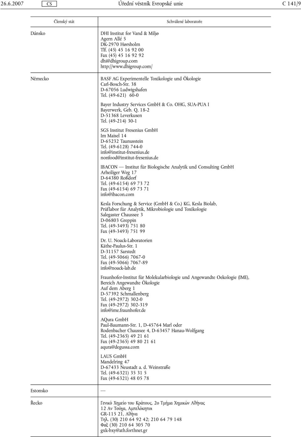 OHG, SUA-PUA I Bayerwerk, Geb. Q, 18-2 D-51368 Leverkusen Tel. (49-214) 30-1 SGS Institut Fresenius GmbH Im Maisel 14 D-65232 Taunusstein Tel. (49-6128) 744-0 info@institut-fresenius.