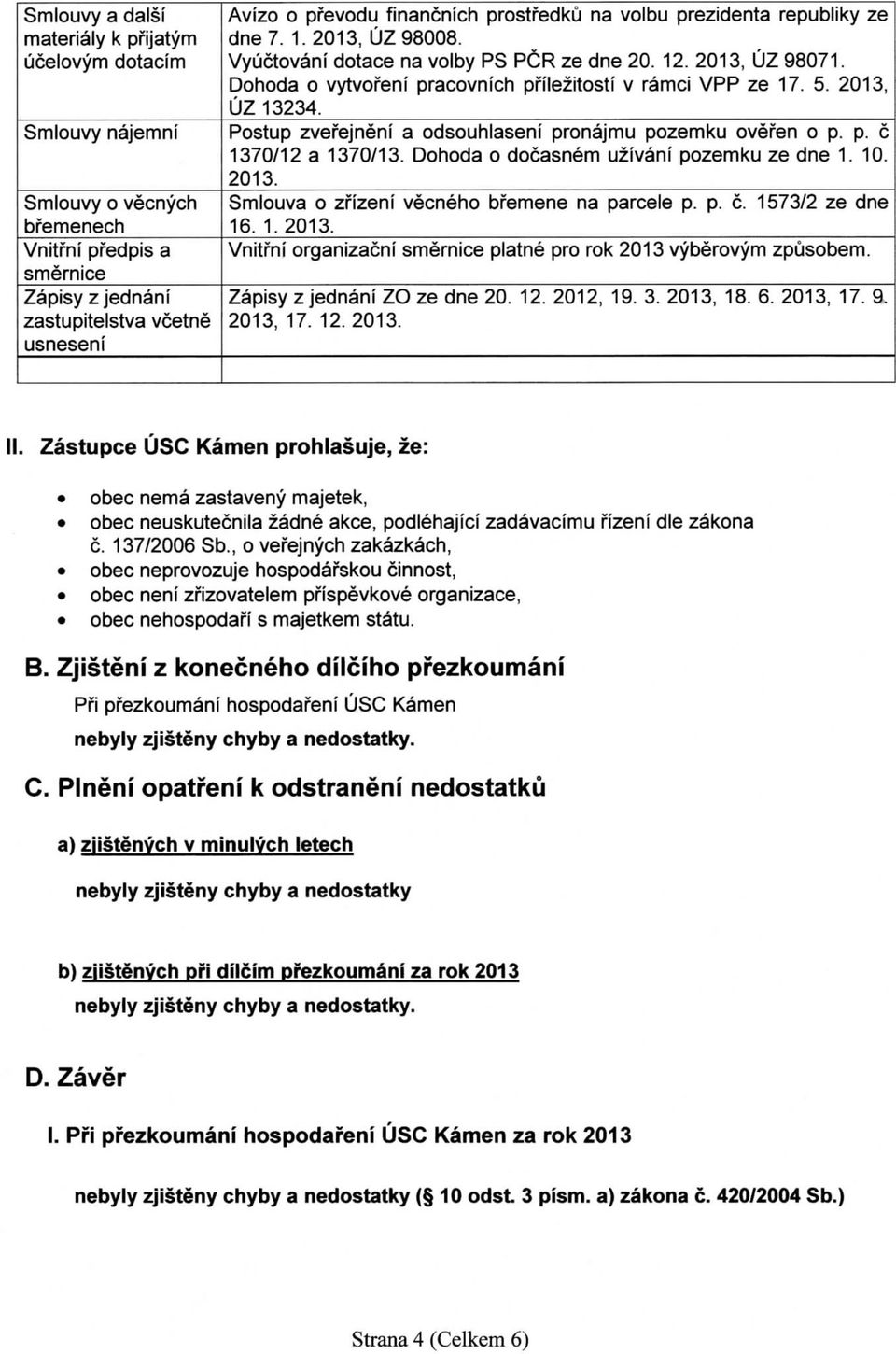 Dohoda o vytvofenf pracovnlch pnlezitosti v ramci VPP ze 17. 5. 2013, UZ 13234. Postup zvefejneni a odsouhlaseni pronajmu pozemku ovefen o p. p. c 1370/12 a 1370/13.